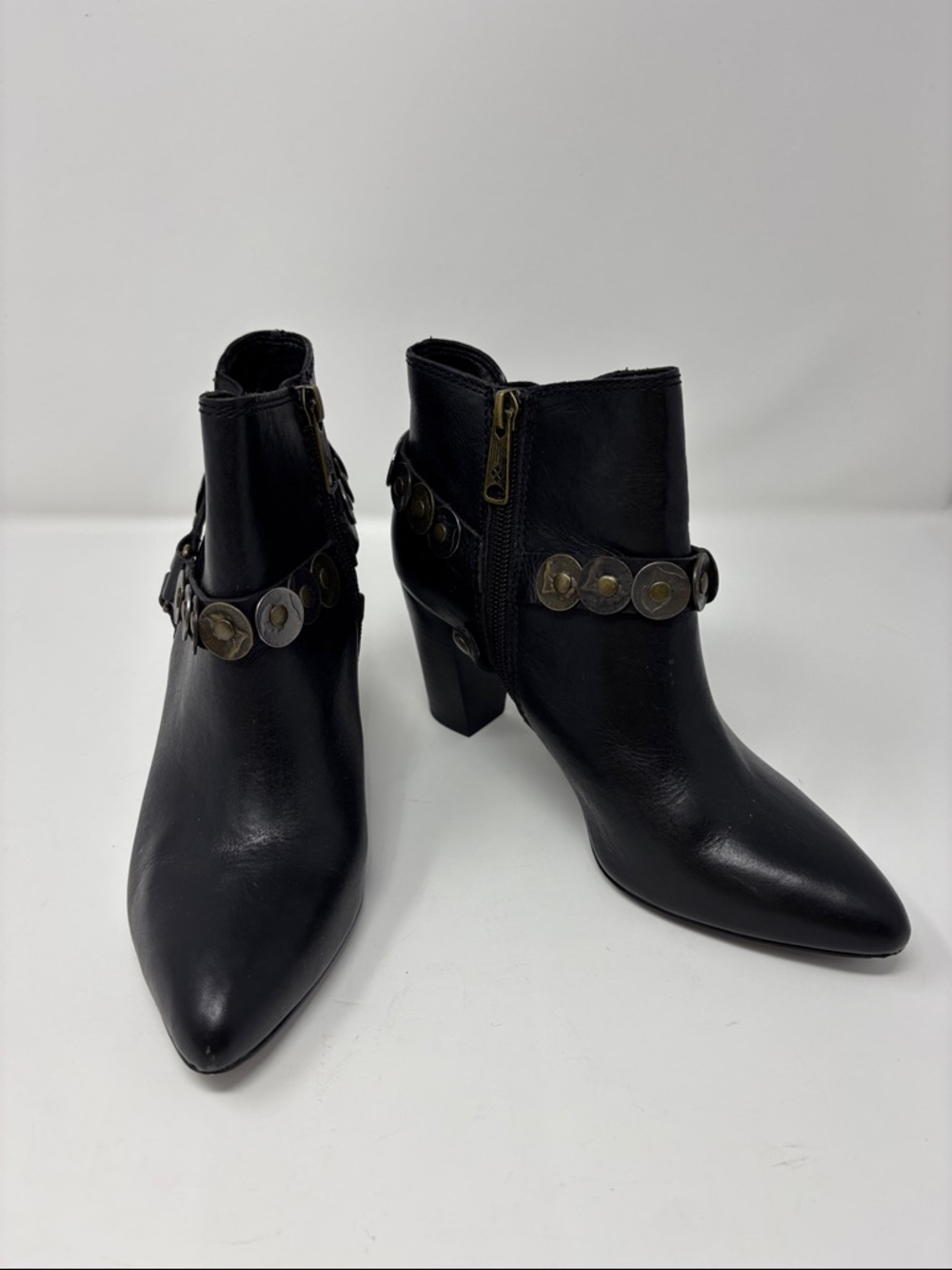 Patricia Nash | Black Leather Pointed-Toe Ankle Boots with Studded Strap 6.5